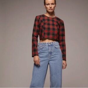 Zara Red Plaid Long Sleeve Crop Top
